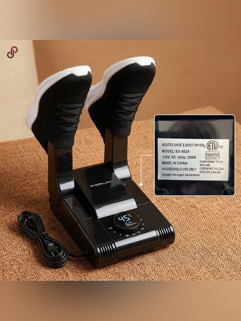 FORLIM Heated Shoe & Boot Dryer SD-002A Adjustable Timer 200W